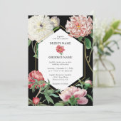 Invitation Aquarelle Peonies rose Fleurs Mariage Noir (Debout devant)