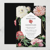 Invitation Aquarelle Peonies rose Fleurs Mariage Noir (Devant / Derrière)