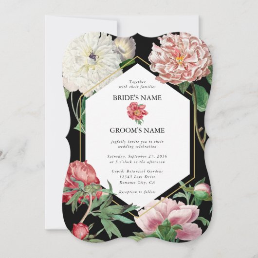 Invitation Aquarelle Peonies rose Fleurs Mariage Noir (Devant)