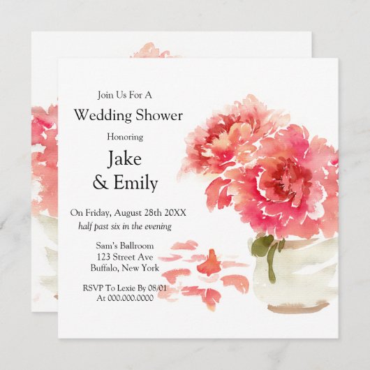 Invitation Aquarelle Peonies roses Mason Jar Wedding shower (Devant / Derrière)