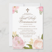 Invitation Aquarelle Peonies roses Première Communion sainte (Devant)