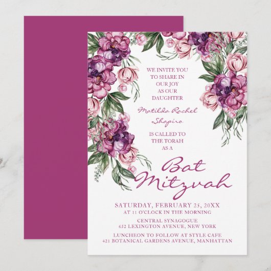 Invitation Aquarelle Peony Bat mitzvah Floral moderne (Devant / Derrière)
