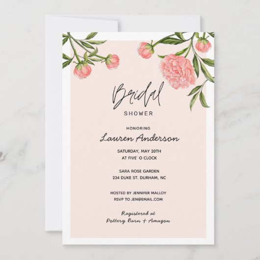 Invitation Aquarelle Peony Moderne rose douche nuptiale (Devant)