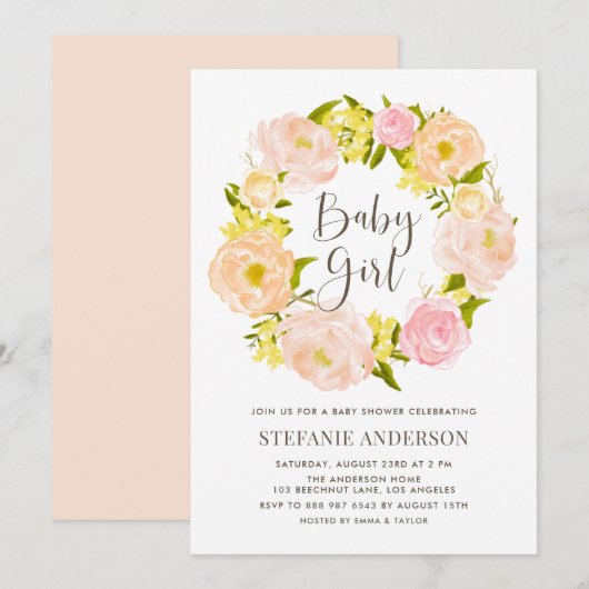 Invitation Aquarelle Peony Peony Wreath Girl Baby shower (Devant / Derrière)