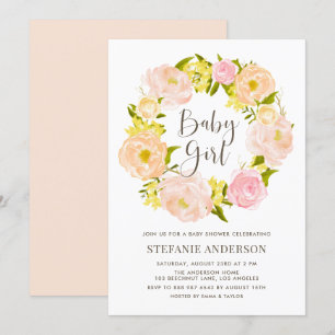 Invitation Aquarelle Peony Peony Wreath Girl Baby shower