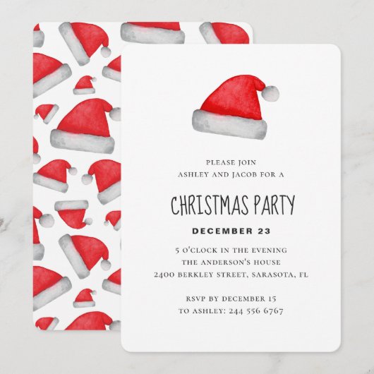 Invitation Aquarelle Père Noël. Fête de Noël d'entreprise (Devant / Derrière)