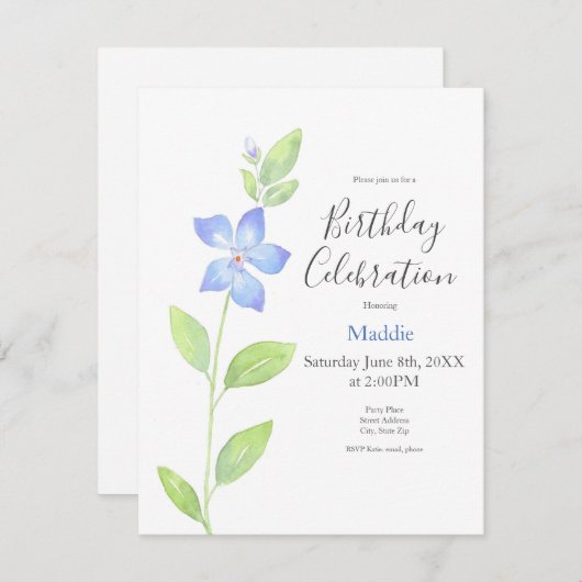 Invitation Aquarelle Périwinkle (Vinca) (Devant / Derrière)
