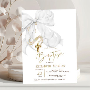 Invitation Aquarelle Perles Blanches à Ruban Croix Points Bap