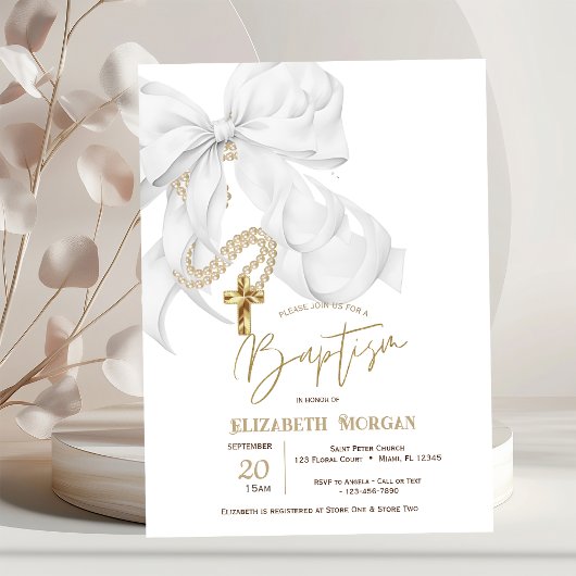 Invitation Aquarelle Perles Blanches à Ruban Croix Points Bap