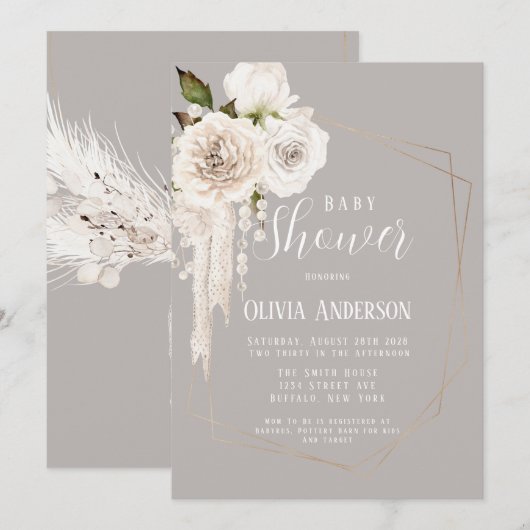 Invitation Aquarelle Perles neutres et Baby shower Floral (Devant / Derrière)