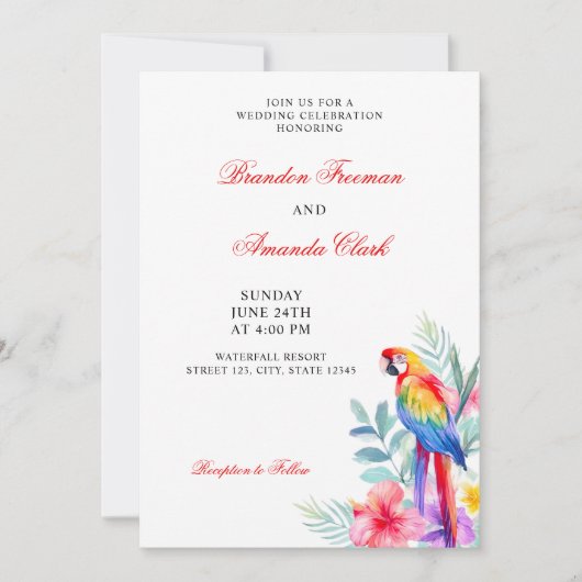 Invitation Aquarelle Perroquet coloré Mariage floral (Devant)