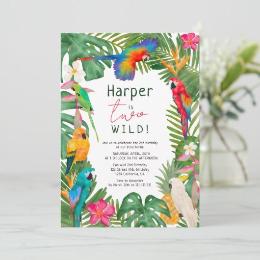 Invitation Aquarelle perroquets tropicaux à fleurs 2e anniver (Debout devant)
