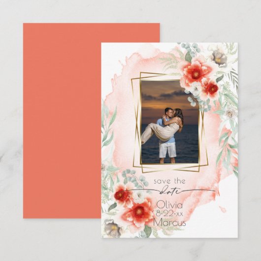 Invitation Aquarelle Persimmon Floral Photo Enregistrer la da (Devant / Derrière)