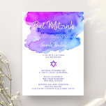 Invitation Aquarelle personnalisée Bat mitzvah bleu violet<br><div class="desc">Jolie aquarelle BAT MITZVAH personnalisée moderne (aquarelle) violet,  violet,  bleu,  turquoise couleurs. L'étoile de David au milieu. Parfait pour toute jeune fille juive de 12 ans. Contacter le concepteur pour d'autres variations.</div>