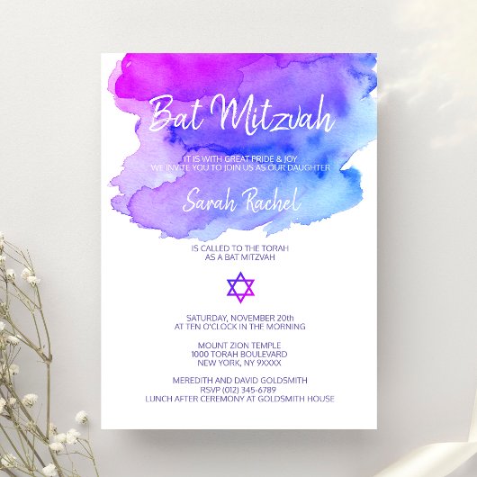 Invitation Aquarelle personnalisée Bat mitzvah bleu violet
