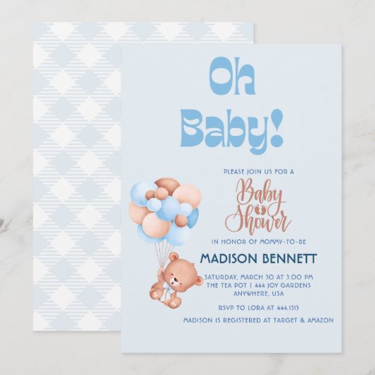 Invitation Aquarelle personnalisée Cute Teddy Bear Boy Douche (Devant / Derrière)