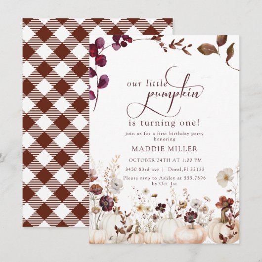 Invitation Aquarelle Petit Citrouille | Premier anniversaire  (Devant / Derrière)