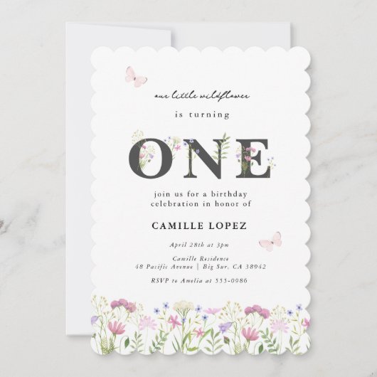 Invitation Aquarelle Petit Fleur sauvage 1er anniversaire Inv (Devant)