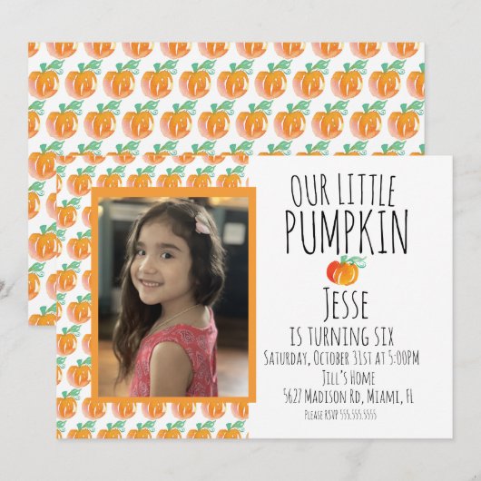 Invitation Aquarelle Petit Halloween photo Citrouille (Devant / Derrière)