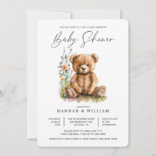 Invitation Aquarelle Petit Ours Teddy Fleurs Baby shower