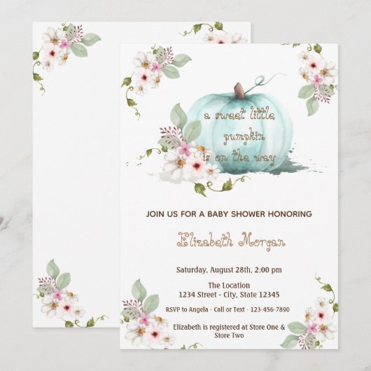 Invitation Aquarelle Petite citrouille, Baby shower d'automne (Devant / Derrière)