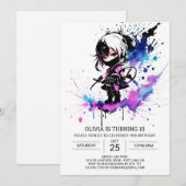 Invitation Aquarelle Petite fille Ninja Anniversaire (Devant / Derrière)