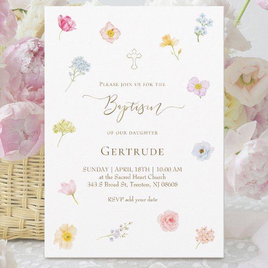 Invitation aquarelle petites fleurs Baptême