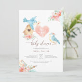 Invitation Aquarelle Petits oiseaux Baby shower fille (Debout devant)