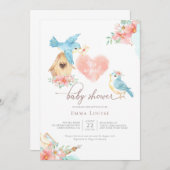 Invitation Aquarelle Petits oiseaux Baby shower fille (Devant / Derrière)