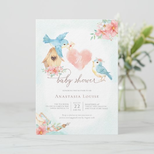Invitation Aquarelle Petits oiseaux Baby shower fille (Debout devant)