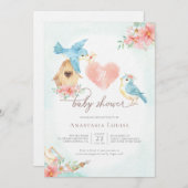 Invitation Aquarelle Petits oiseaux Baby shower fille (Devant / Derrière)
