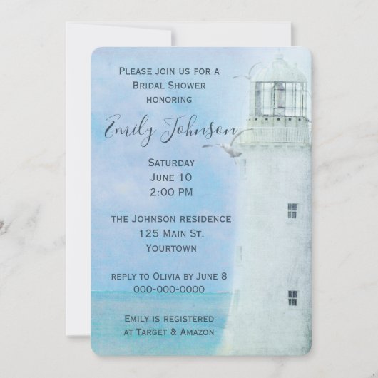 Invitation Aquarelle Phare blanc et mouettes (Devant)