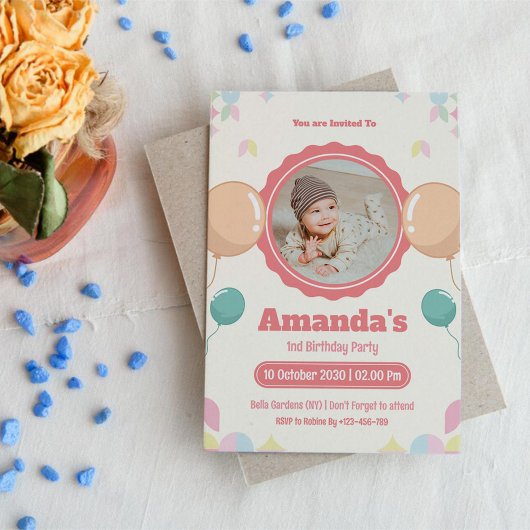 Invitation Aquarelle photo bébé anniversaire