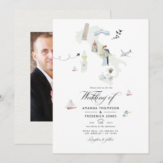 Invitation Aquarelle photo de mariage de destination italienn (Devant / Derrière)