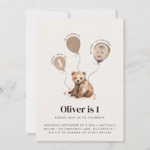 Invitation Aquarelle photo ours 1er anniversaire moderne