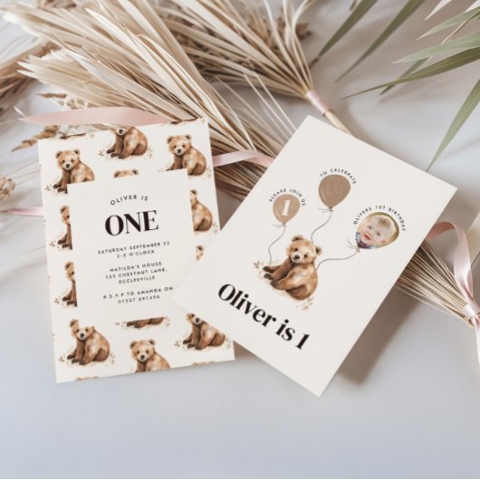 Invitation Aquarelle photo ours 1er anniversaire moderne