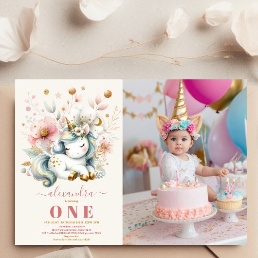 Invitation Aquarelle photo Unicorn Anniversaire 1er