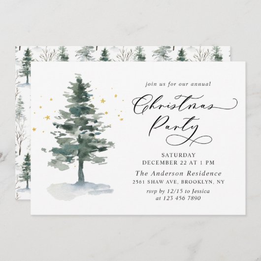 Invitation Aquarelle Pine Arbre Chic Noël Fête de Noël (Devant / Derrière)