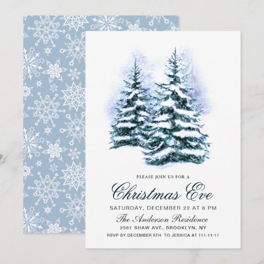 Invitation Aquarelle Pine Arbre Chic Noël Réveillon (Devant / Derrière)