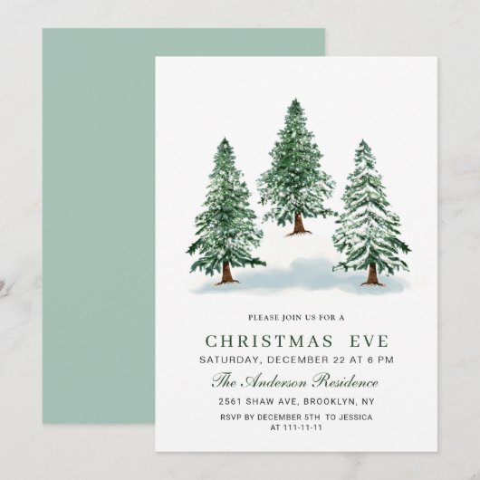 Invitation Aquarelle Pine Arbre Chic Noël Réveillon (Devant / Derrière)