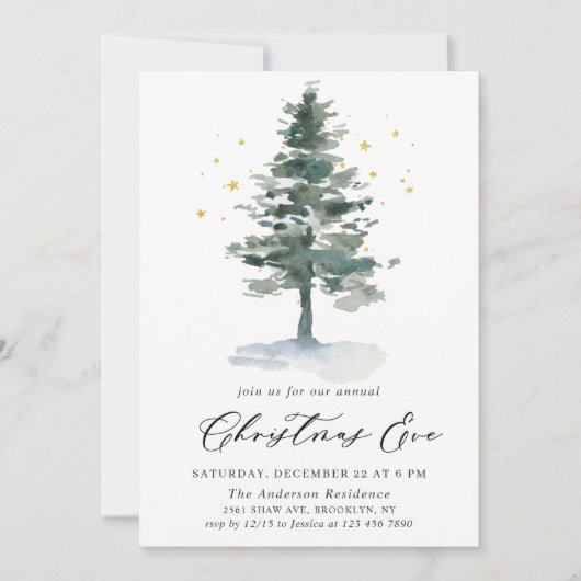 Invitation Aquarelle Pine Arbre Chic Noël Réveillon (Devant)