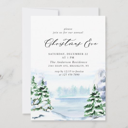 Invitation Aquarelle Pine Arbre Chic Noël Réveillon (Devant)