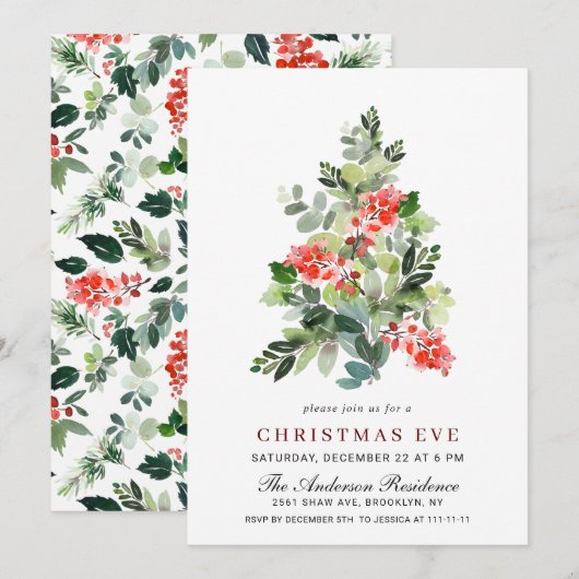Invitation Aquarelle Pine Arbre Vacances NOËL SOIR DE LA FÊTE (Devant / Derrière)