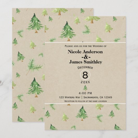Invitation Aquarelle Pine Arbres Kraft Rustique Mariage d'hiv (Devant / Derrière)