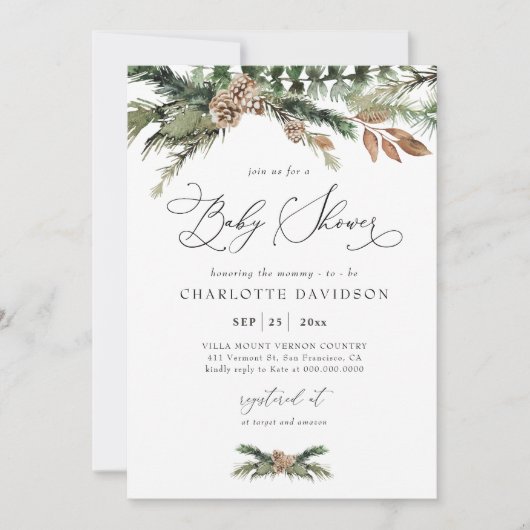 Invitation Aquarelle Pine Hiver Verdure Baby shower rustique (Devant)