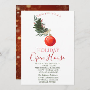 Invitation Aquarelle Pine Tree Branche, Boule Rouge Open Hous