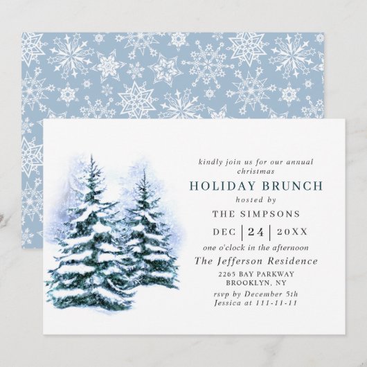 Invitation Aquarelle Pine Tree Chic Noël VACANCES BRUNCH (Devant / Derrière)