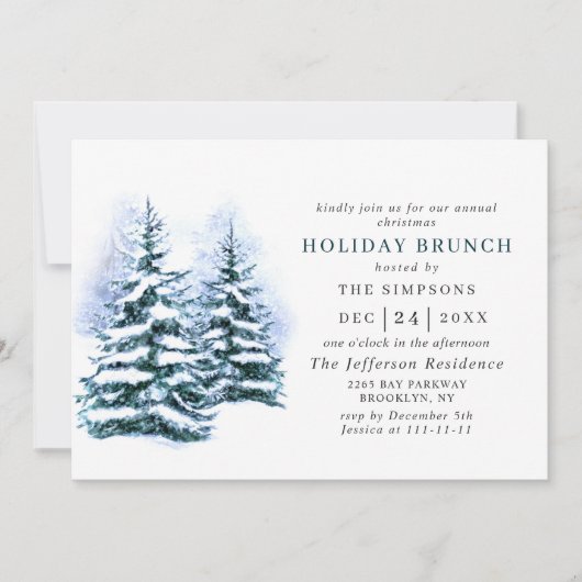 Invitation Aquarelle Pine Tree Chic Noël VACANCES BRUNCH (Devant)