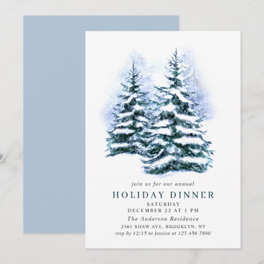 Invitation Aquarelle Pine Tree Chic Noël VACANCES DÎNER (Devant / Derrière)