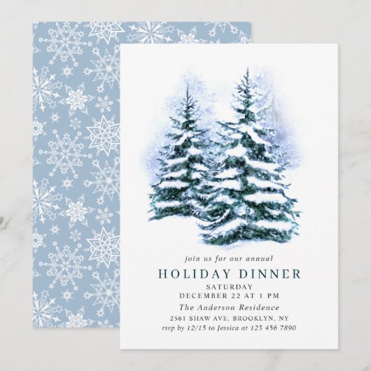 Invitation Aquarelle Pine Tree Chic Noël VACANCES DÎNER (Devant / Derrière)